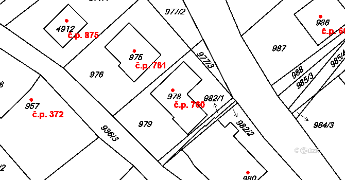 Buchlovice 760 na parcele st. 978 v KÚ Buchlovice, Katastrální mapa