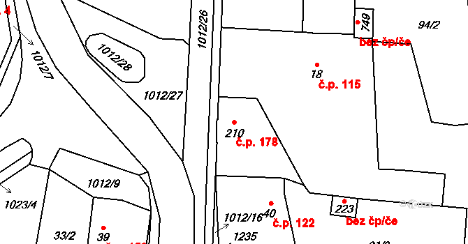 Hrochův Týnec 178 na parcele st. 210 v KÚ Hrochův Týnec, Katastrální mapa