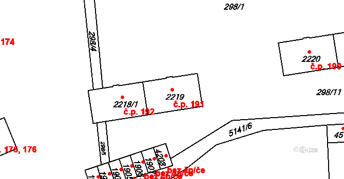 Hořejší Předměstí 191, Domažlice na parcele st. 2219 v KÚ Domažlice, Katastrální mapa