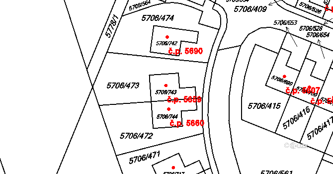Jihlava 5659 na parcele st. 5706/743 v KÚ Jihlava, Katastrální mapa