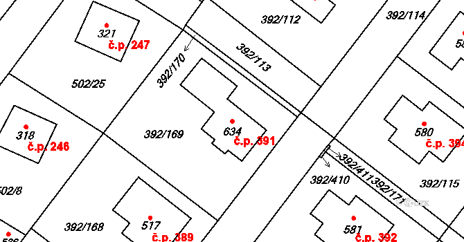 Všeruby 391 na parcele st. 634 v KÚ Všeruby u Plzně, Katastrální mapa