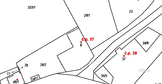 Kohoutov 17, Ždírec nad Doubravou na parcele st. 9 v KÚ Kohoutov u Ždírce nad Doubravou, Katastrální mapa