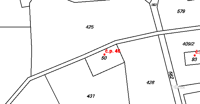 Debrné 46, Mostek na parcele st. 50 v KÚ Debrné u Mostku, Katastrální mapa