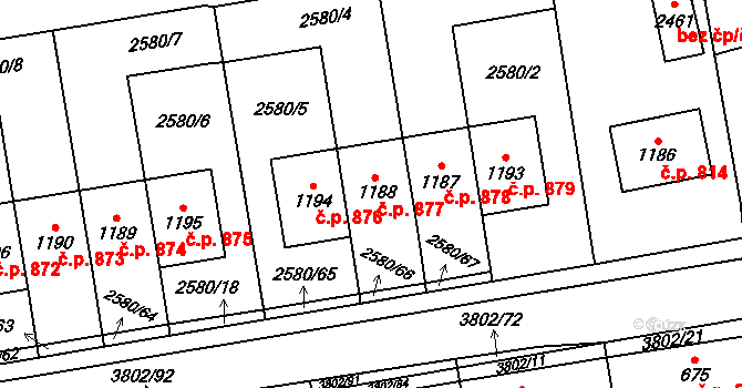 Dobřany 877 na parcele st. 1188 v KÚ Dobřany, Katastrální mapa