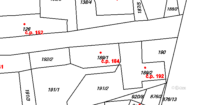Mníšek pod Brdy 184 na parcele st. 189/1 v KÚ Mníšek pod Brdy, Katastrální mapa