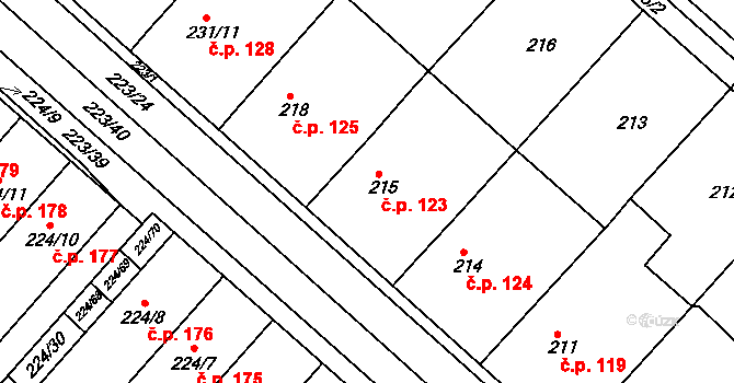 Skoronice 123 na parcele st. 215 v KÚ Skoronice, Katastrální mapa
