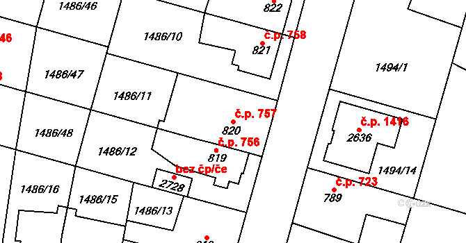 Třebechovice pod Orebem 757 na parcele st. 820 v KÚ Třebechovice pod Orebem, Katastrální mapa