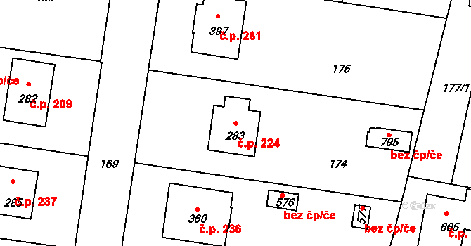 Ševětín 224 na parcele st. 283 v KÚ Ševětín, Katastrální mapa