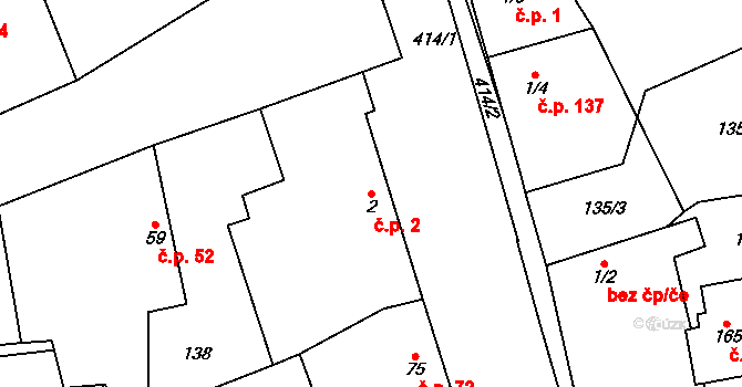 Přední Lhota 2, Poděbrady na parcele st. 2 v KÚ Přední Lhota u Poděbrad, Katastrální mapa
