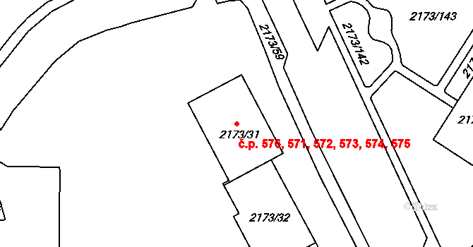 Klášterec nad Ohří 571,572,573,574,575, na parcele st. 2173/31 v KÚ Klášterec nad Ohří, Katastrální mapa