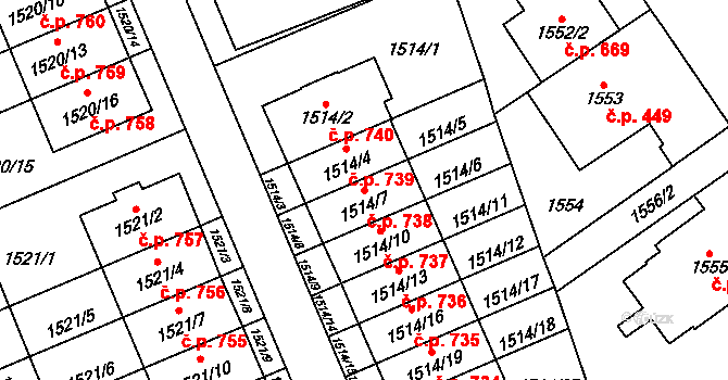 Stránice 738, Brno na parcele st. 1514/7 v KÚ Stránice, Katastrální mapa