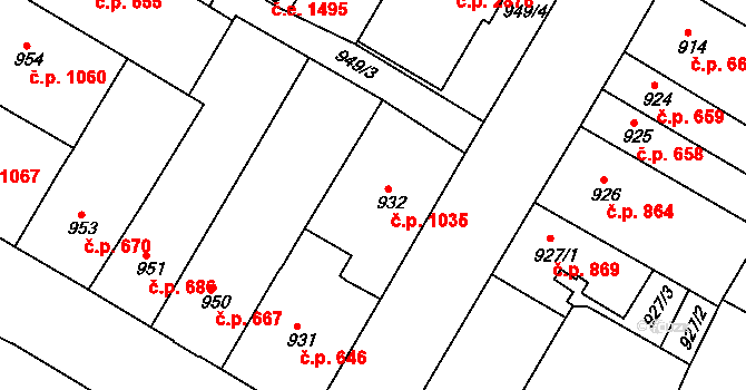 Teplice 1035 na parcele st. 932 v KÚ Teplice, Katastrální mapa