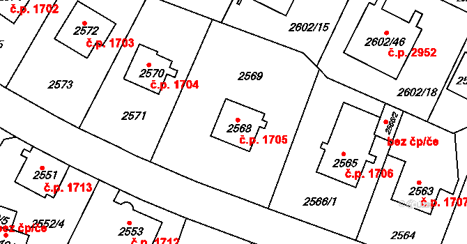 Teplice 1705 na parcele st. 2568 v KÚ Teplice, Katastrální mapa