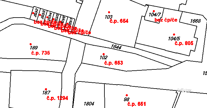 Litovel 653 na parcele st. 102 v KÚ Litovel, Katastrální mapa