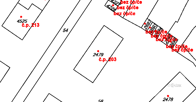 Střed 203, Rokycany na parcele st. 2479 v KÚ Rokycany, Katastrální mapa