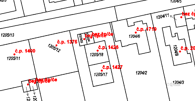 Turnov 1426 na parcele st. 1205/18 v KÚ Turnov, Katastrální mapa
