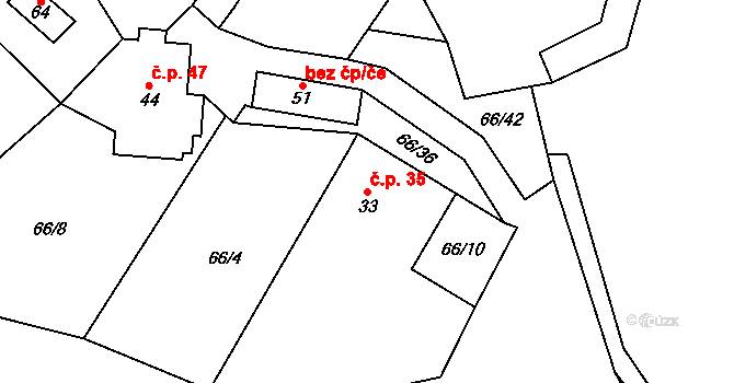 Chvalšovice 35, Dřešín na parcele st. 33 v KÚ Chvalšovice, Katastrální mapa
