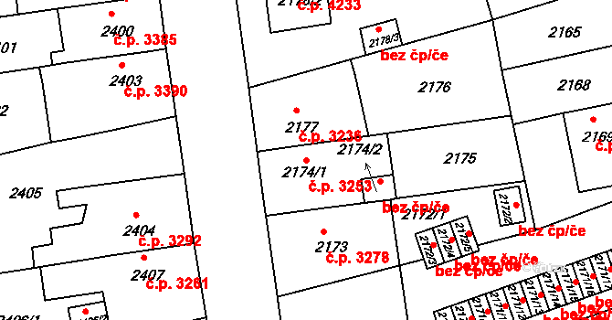 Chomutov 3253 na parcele st. 2174/1 v KÚ Chomutov II, Katastrální mapa