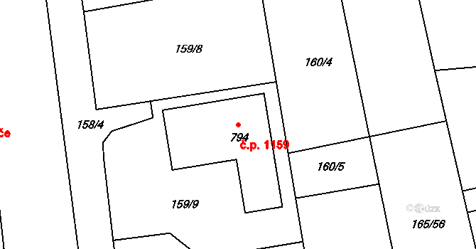 Rudná 1159 na parcele st. 794 v KÚ Dušníky u Rudné, Katastrální mapa