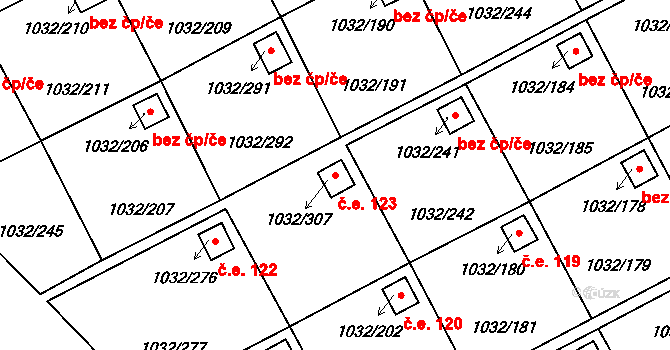 Staré Město 123, Karviná na parcele st. 1032/307 v KÚ Staré Město u Karviné, Katastrální mapa