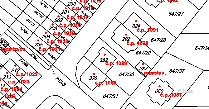 Květnice 1089 na parcele st. 382 v KÚ Květnice, Katastrální mapa