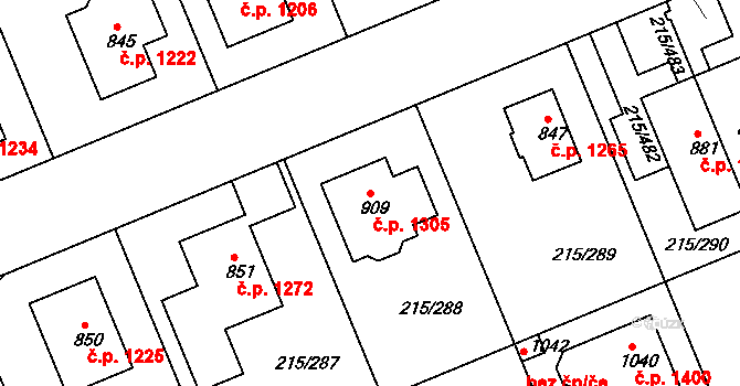 Rudná 1305 na parcele st. 909 v KÚ Hořelice, Katastrální mapa