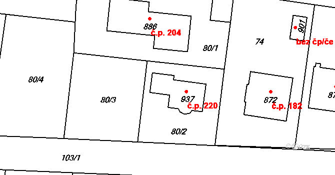 Stěbořice 220 na parcele st. 937 v KÚ Stěbořice, Katastrální mapa