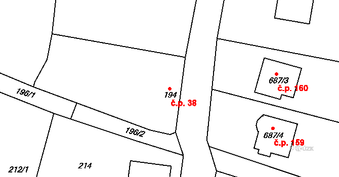 Velíková 38, Zlín na parcele st. 194 v KÚ Velíková, Katastrální mapa