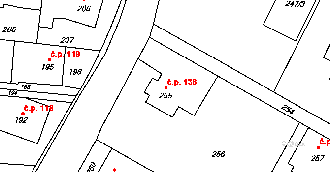 Děhylov 136 na parcele st. 255 v KÚ Děhylov, Katastrální mapa