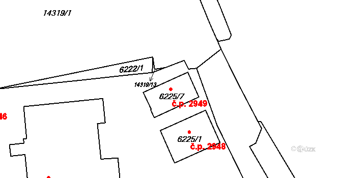 Jižní Předměstí 2949, Plzeň na parcele st. 6225/7 v KÚ Plzeň, Katastrální mapa