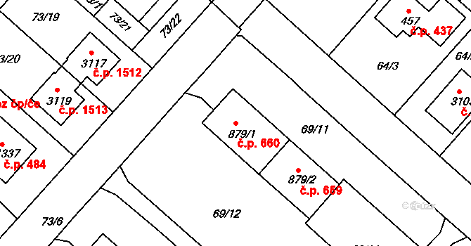 Neratovice 660 na parcele st. 879/1 v KÚ Neratovice, Katastrální mapa
