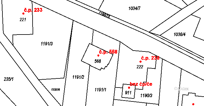 Mořkov 558 na parcele st. 568 v KÚ Mořkov, Katastrální mapa