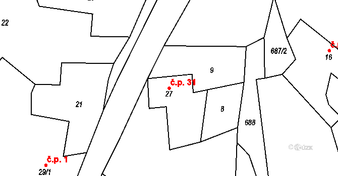 Chotěměřice 31, Hněvkovice na parcele st. 27 v KÚ Chotěměřice, Katastrální mapa