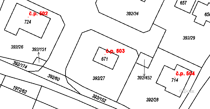 Všeruby 503 na parcele st. 671 v KÚ Všeruby u Plzně, Katastrální mapa