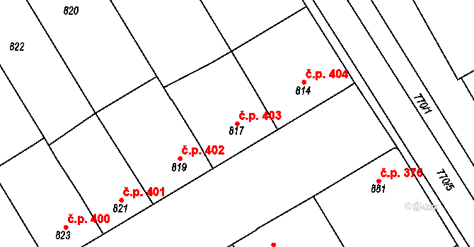 Hrušky 403 na parcele st. 817 v KÚ Hrušky, Katastrální mapa