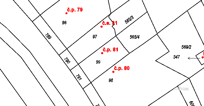 Příchovice 81 na parcele st. 99 v KÚ Příchovice u Přeštic, Katastrální mapa