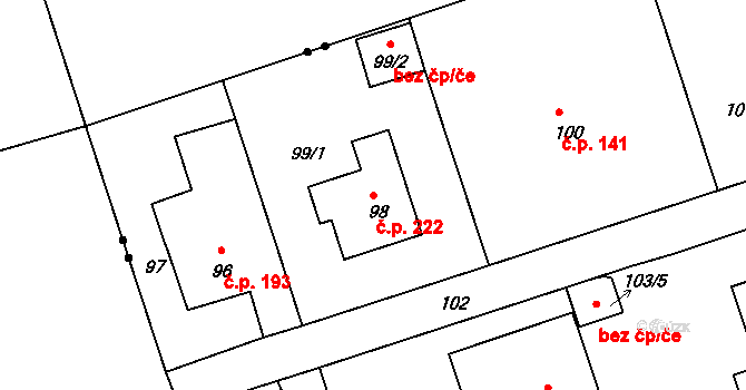 Antonínův Důl 222, Jihlava na parcele st. 98 v KÚ Antonínův Důl, Katastrální mapa