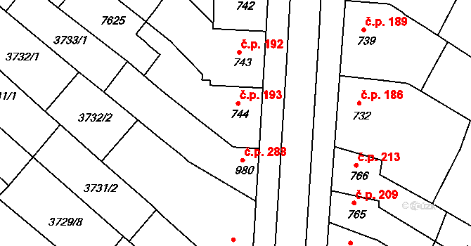 Telč-Podolí 193, Telč na parcele st. 744 v KÚ Telč, Katastrální mapa