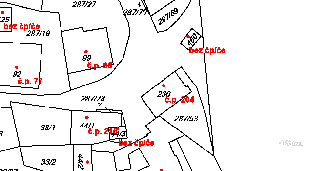 Tetín 204 na parcele st. 230 v KÚ Tetín u Berouna, Katastrální mapa