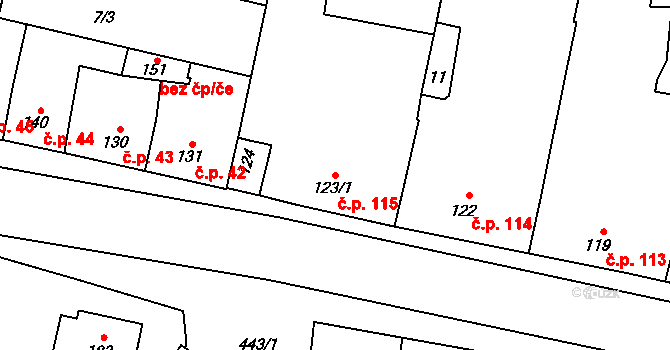 Ústín 115 na parcele st. 123/1 v KÚ Ústín, Katastrální mapa