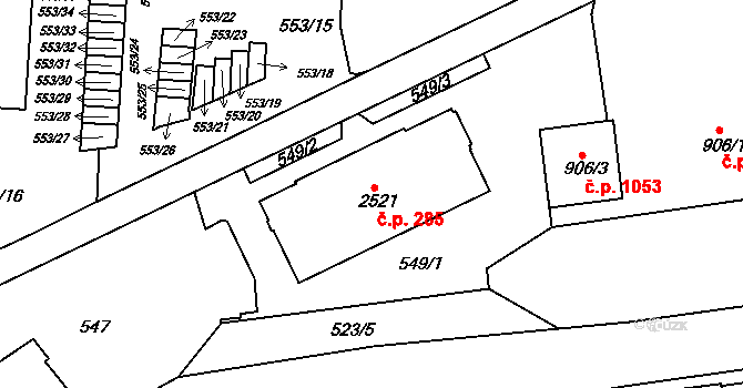 Borovina 285, Třebíč na parcele st. 2521 v KÚ Třebíč, Katastrální mapa