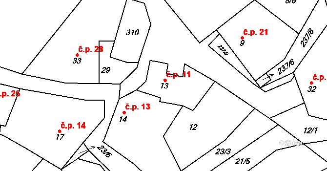 Mlékovice 11, Toušice na parcele st. 13 v KÚ Mlékovice, Katastrální mapa