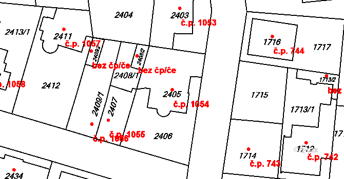 Horní Počernice 1054, Praha na parcele st. 2405 v KÚ Horní Počernice, Katastrální mapa