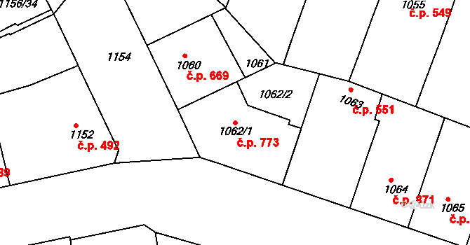 Žižkov 773, Praha na parcele st. 1062/1 v KÚ Žižkov, Katastrální mapa