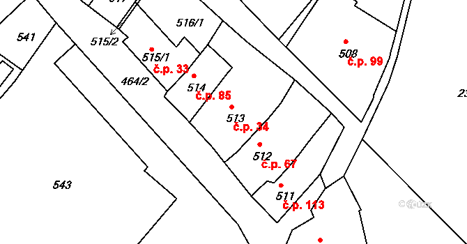 Záběhlice 34, Praha na parcele st. 513 v KÚ Záběhlice, Katastrální mapa