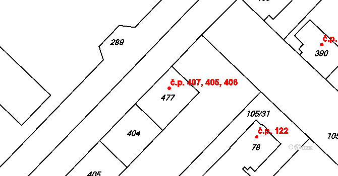Lazce 405,406,407, Olomouc na parcele st. 405 v KÚ Lazce, Katastrální mapa