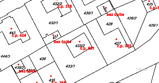 Liberec XI-Růžodol I 501, Liberec na parcele st. 433/2 v KÚ Růžodol I, Katastrální mapa