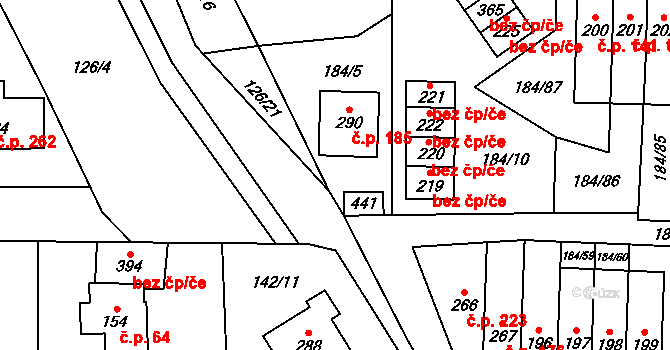 Únětice 185 na parcele st. 290 v KÚ Únětice u Prahy, Katastrální mapa