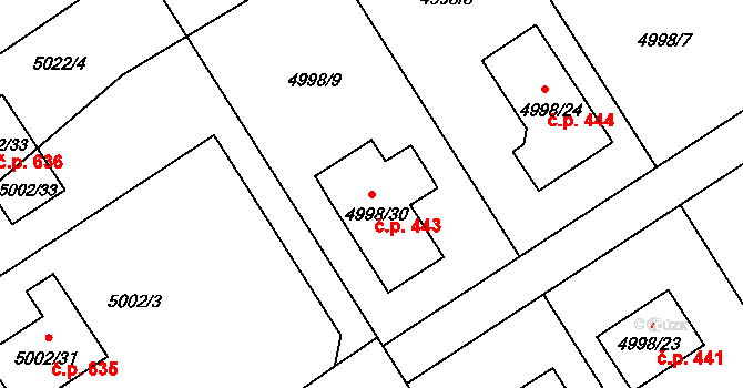 Sviadnov 443 na parcele st. 4998/30 v KÚ Sviadnov, Katastrální mapa