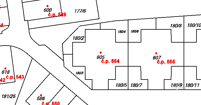 Velké Přílepy 554 na parcele st. 605 v KÚ Velké Přílepy, Katastrální mapa